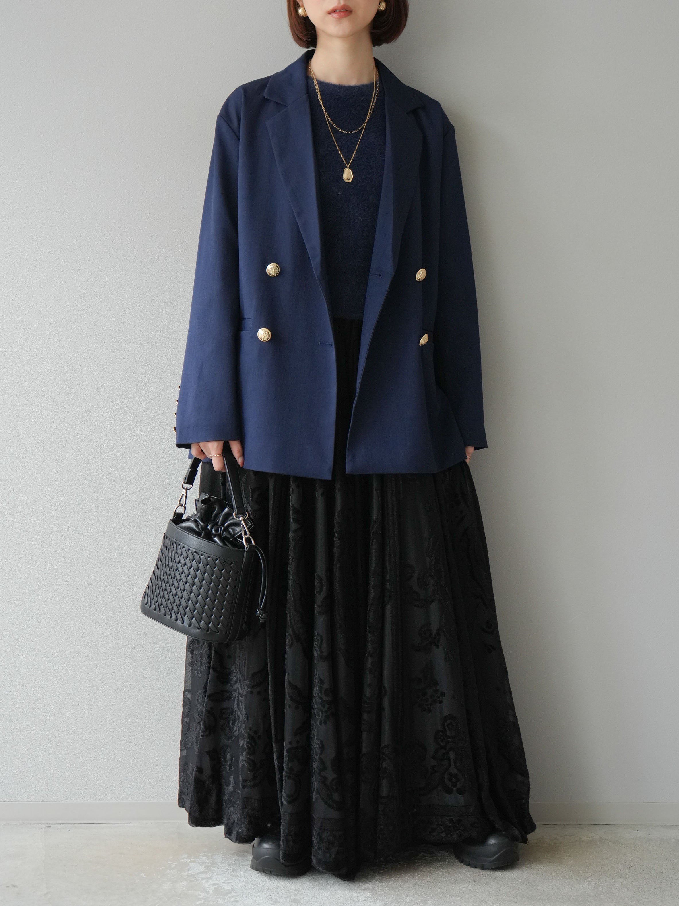 予約]ゴールドボタンツイルダブルテーラードジャケット/ネイビー – Lumier