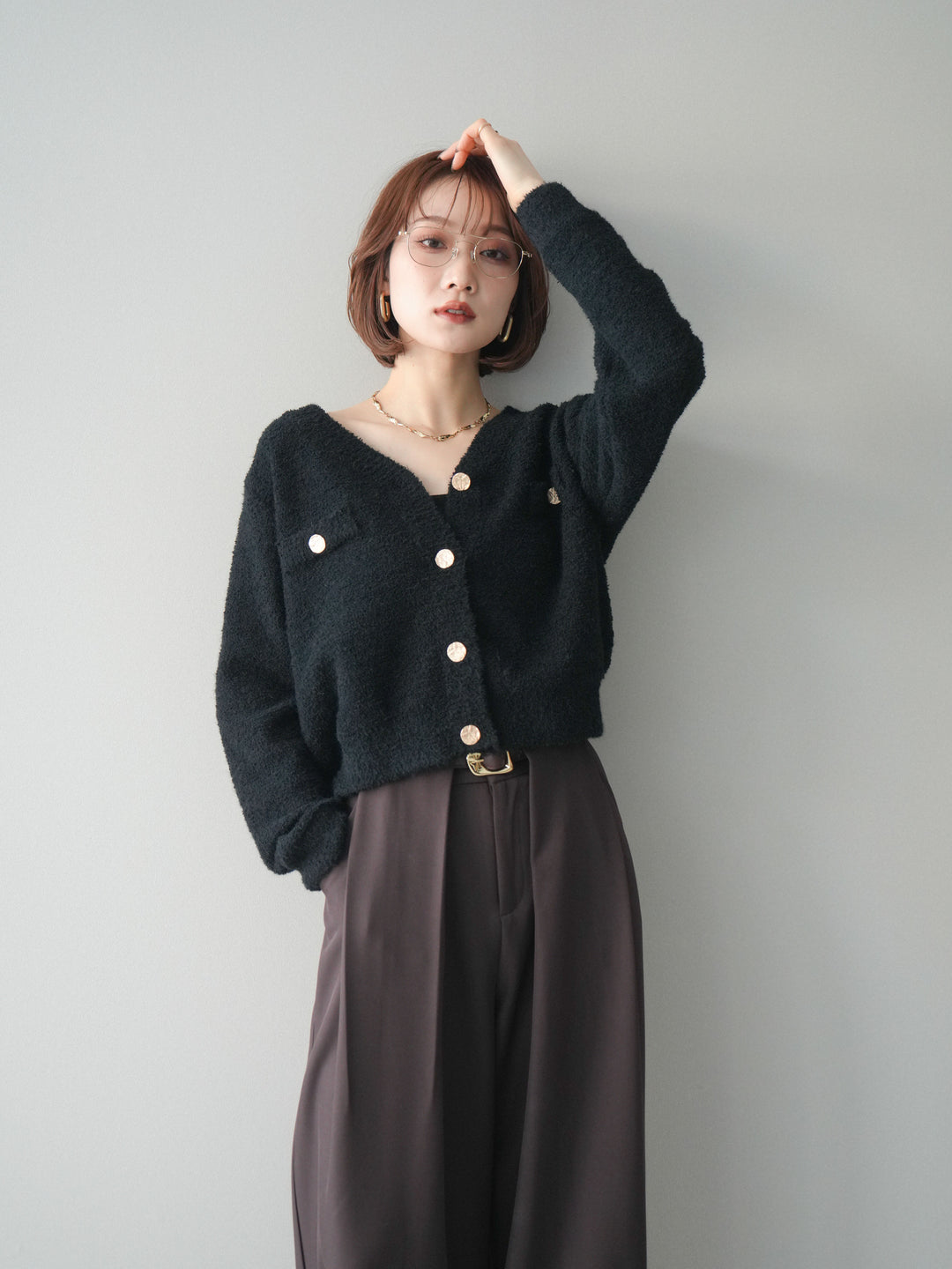 [SET]ゴールドボタンモールニットカーディガン+ベルトループデザインワイドパンツ(2set)