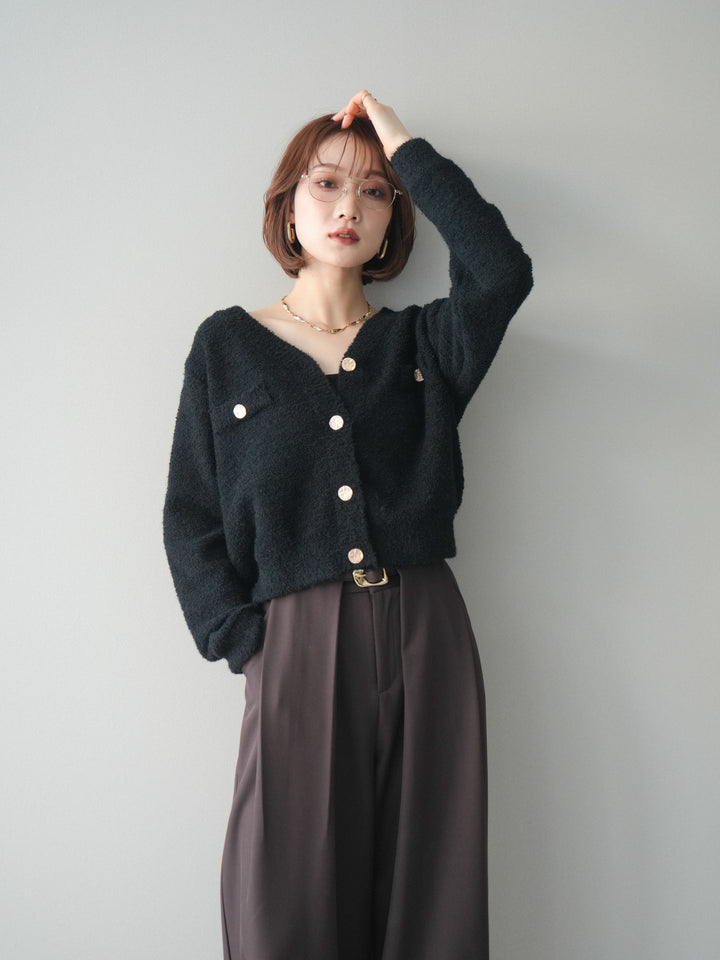[SET]ゴールドボタンモールニットカーディガン+ベルトループデザインワイドパンツ(2set)