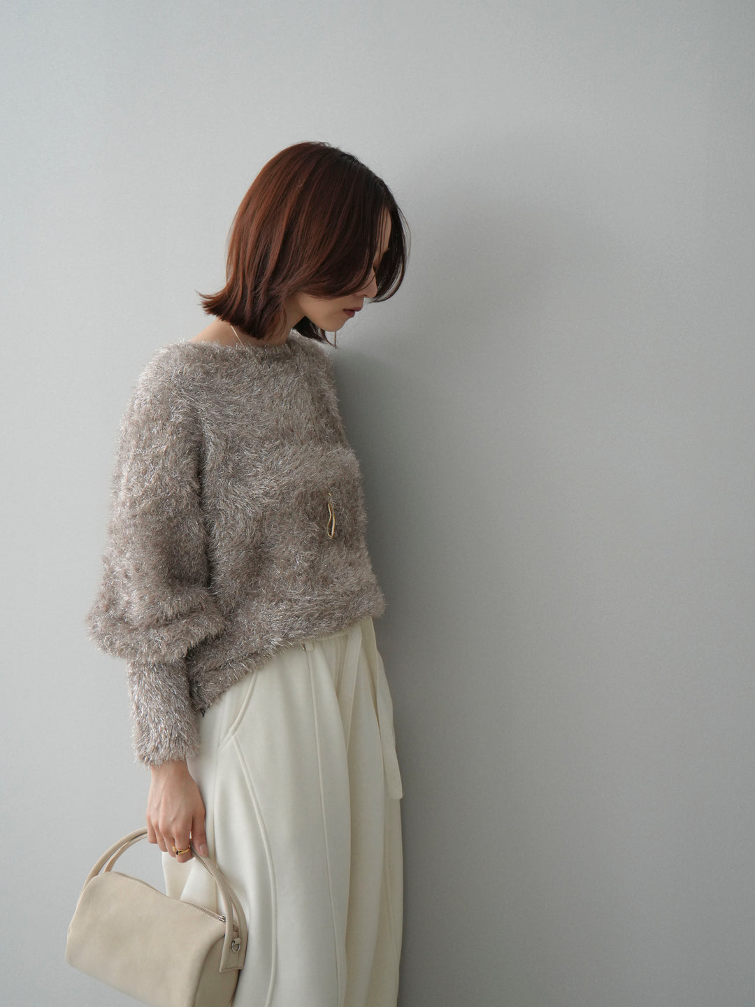 [予約]ラメシャギードルマンニットプルオーバー/beige