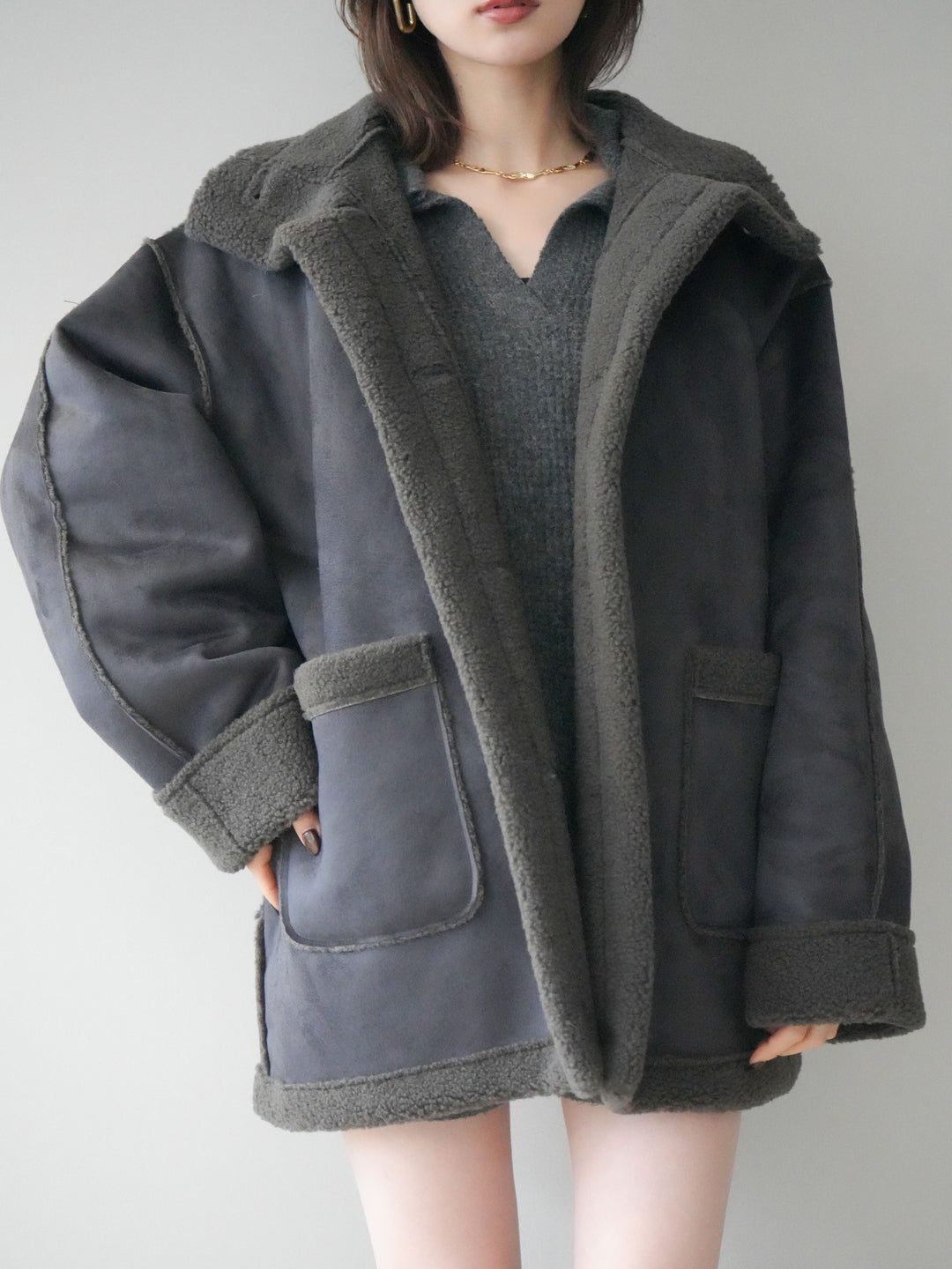 [SET]ポロニットプルオーバー＆ショートパンツSET UP+スタンドネックフェイクムートンミディアムコート(2set)