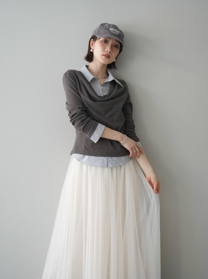[予約]ストライプドッキングシャツドレープカットソー/charcoal