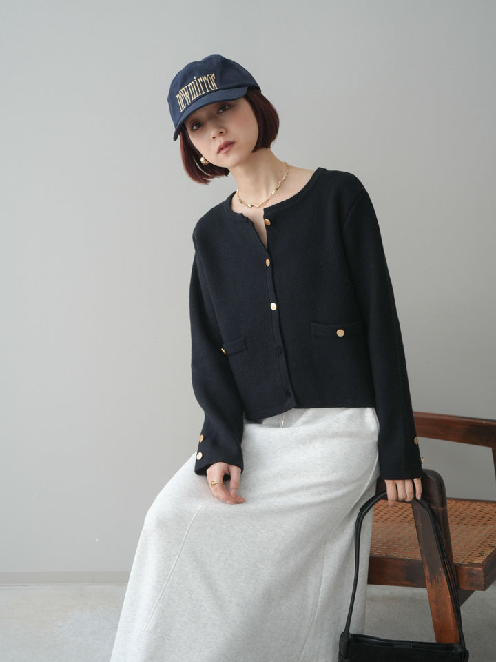 [予約]ゴールドボタンノーカラーニットジャケット/black