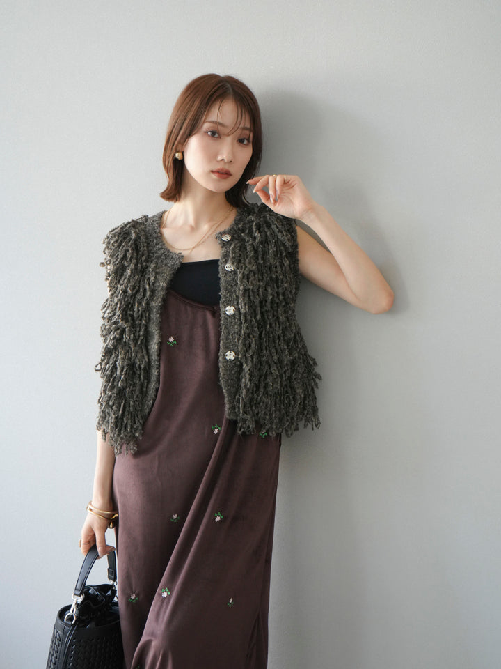 [予約]フラワー刺繍ベロアキャミワンピース/ブラウン