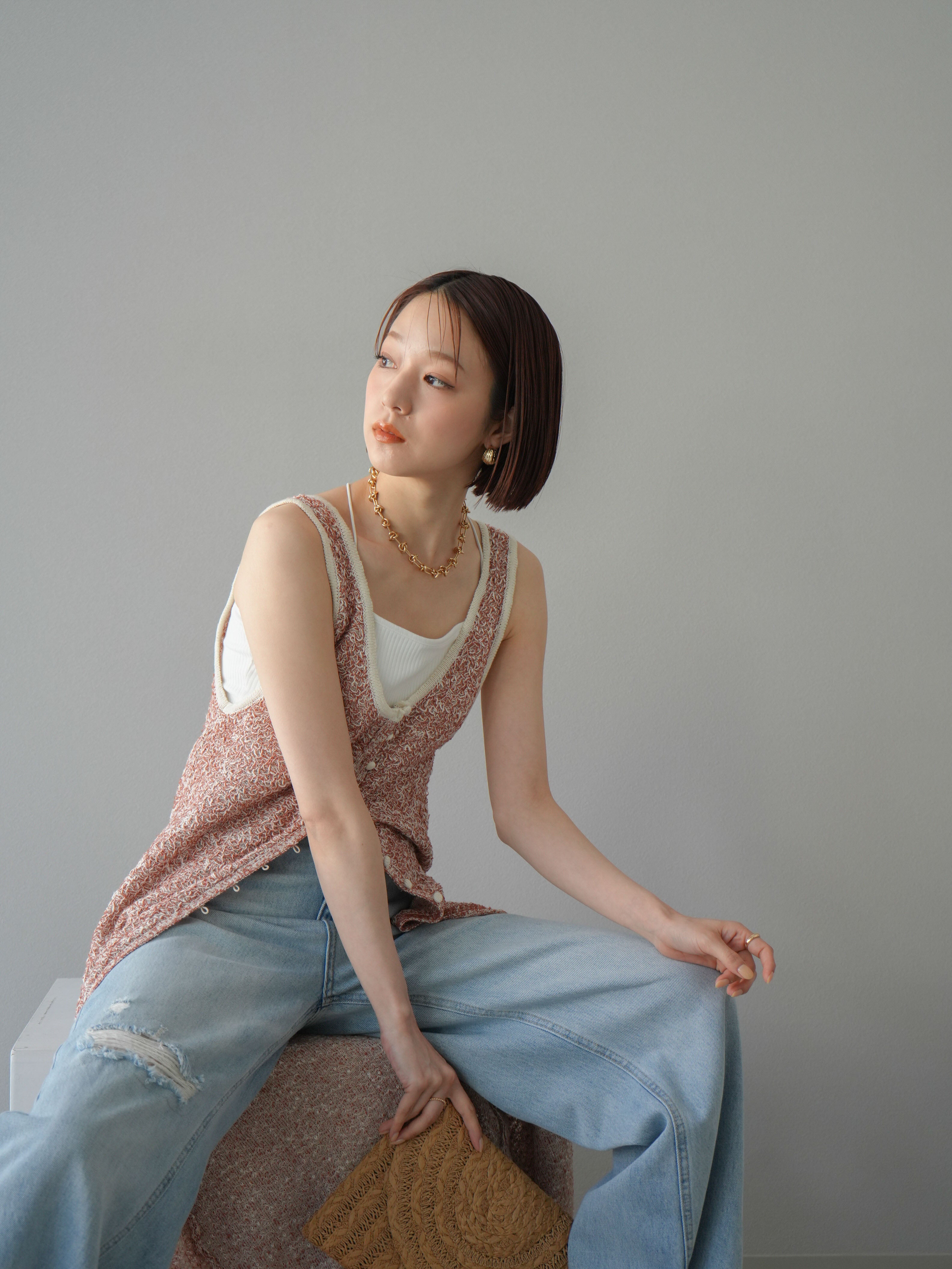 予約]ミックスヤーンフロントスリットワンピース/オレンジ – Lumier