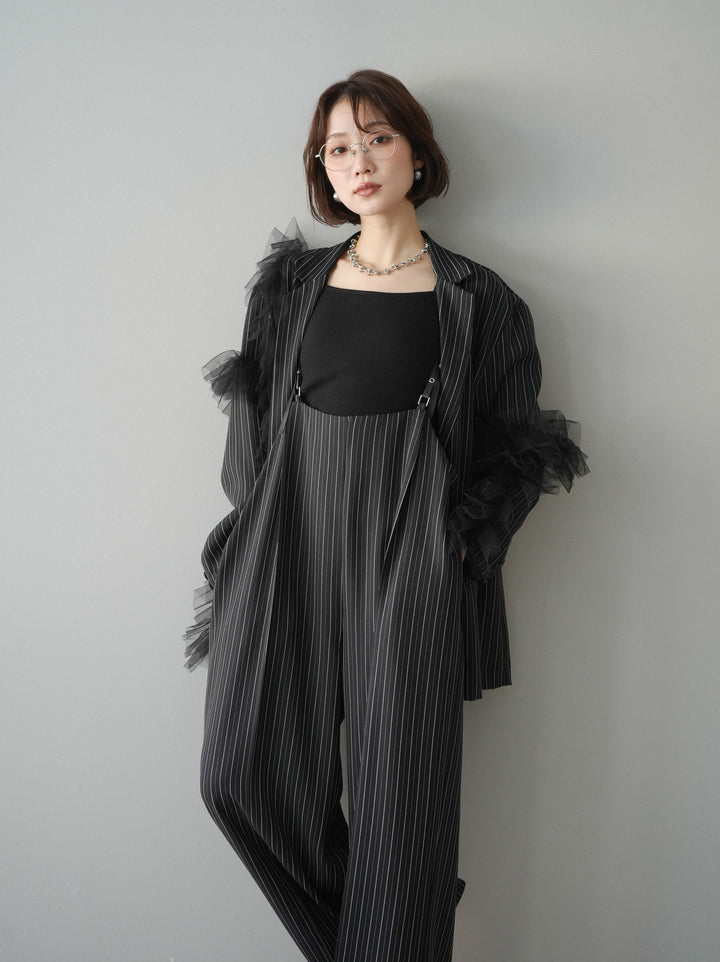[SET]アシンメトリーチュールストライプジャケット+カップ付きバッククロスキャミソール(2set)