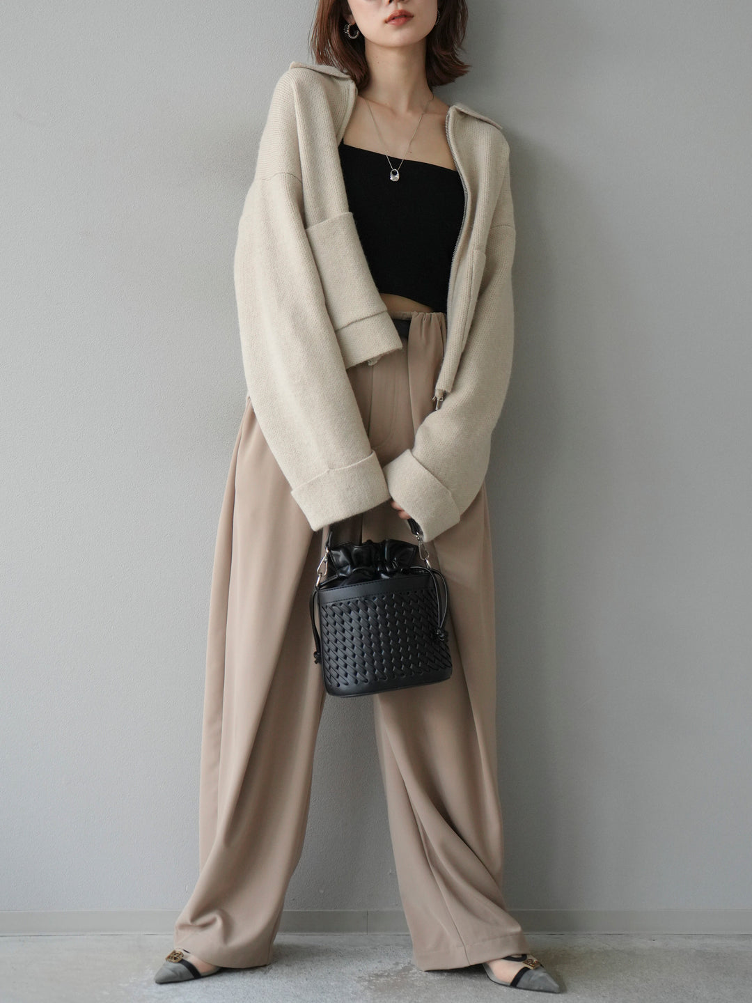 [予約]ポロ襟ジップニットカーディガン/アイボリー