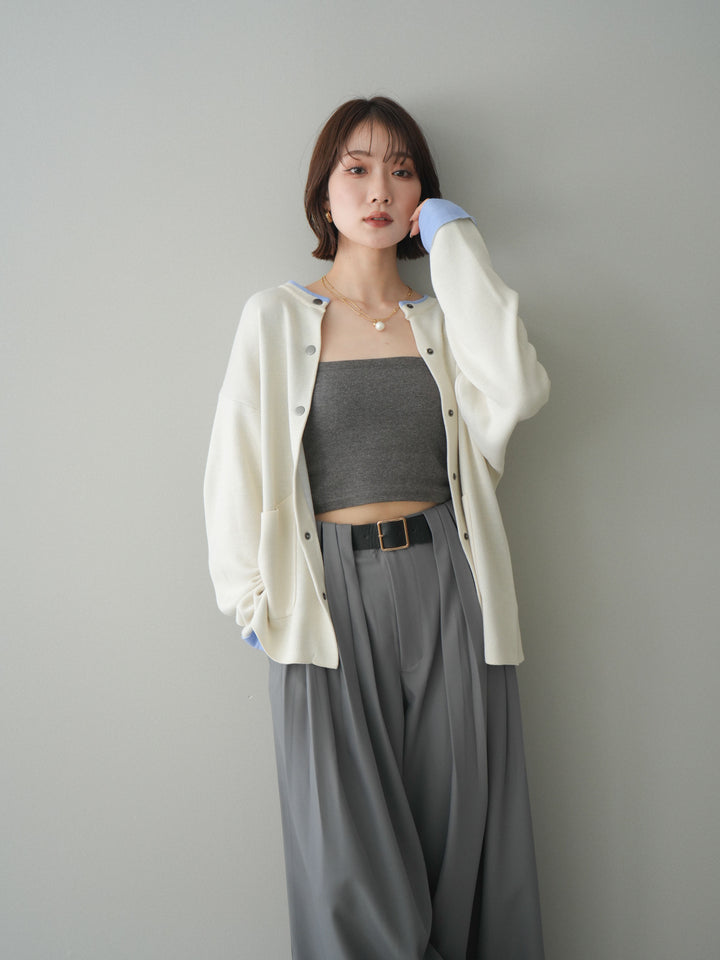 [SET]バイカラーオーバーニットカーディガン+タックベルトループワイドパンツ(2set)