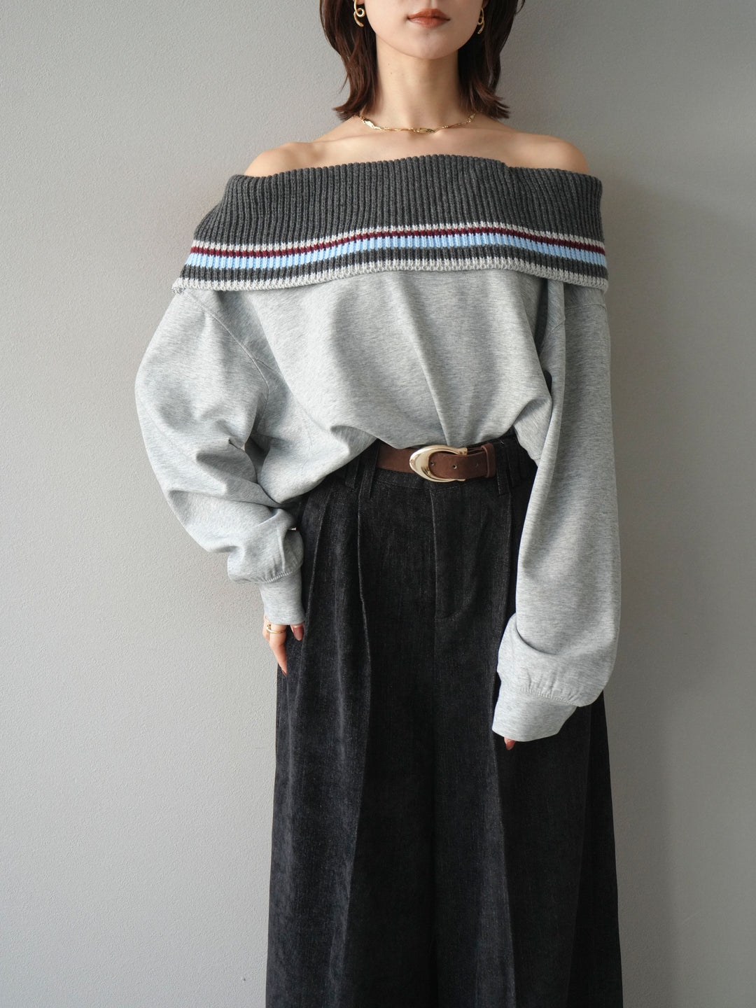 [予約]ボーダーニットオフショルダーxスウェットプルオーバー/gray
