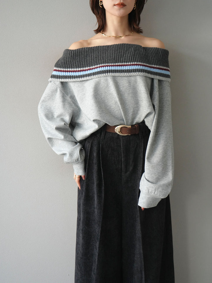 [予約]ボーダーニットオフショルダーxスウェットプルオーバー/gray