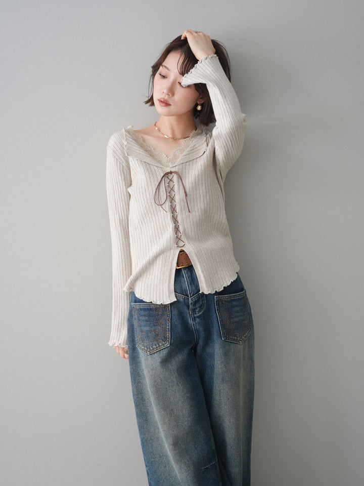 [予約]レースネックレースアップリブニットトップス/greige