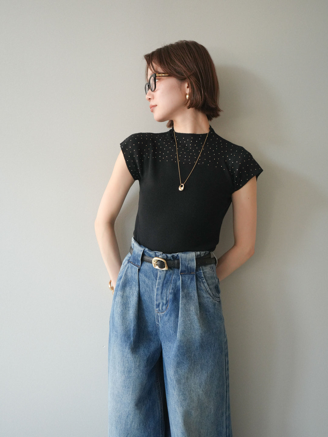 [SET]ビジューシアーフレンチニット+選べるアクセセット(2set)