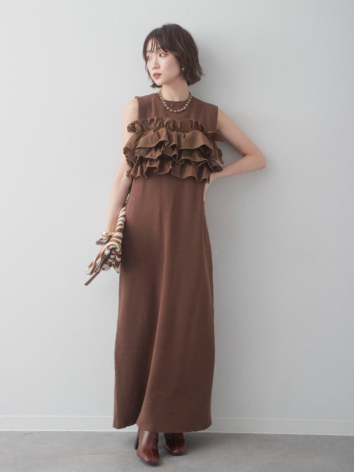 [予約]フリルデザインリブニットワンピース/brown