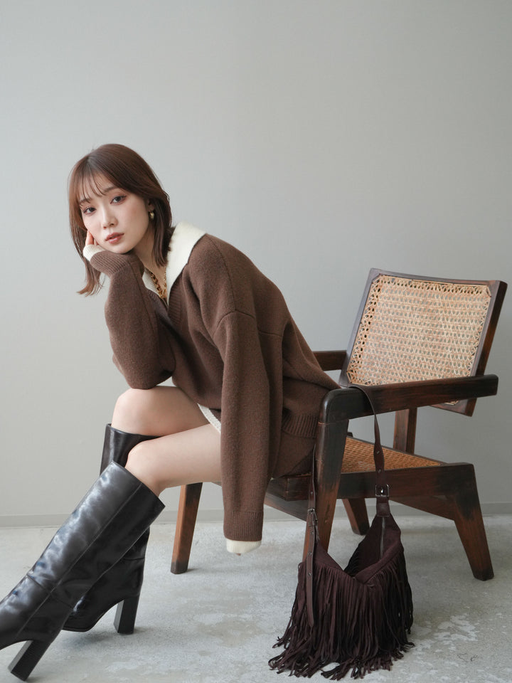 [SET]配色襟ニット＆ミニスカートSET UP(2set)