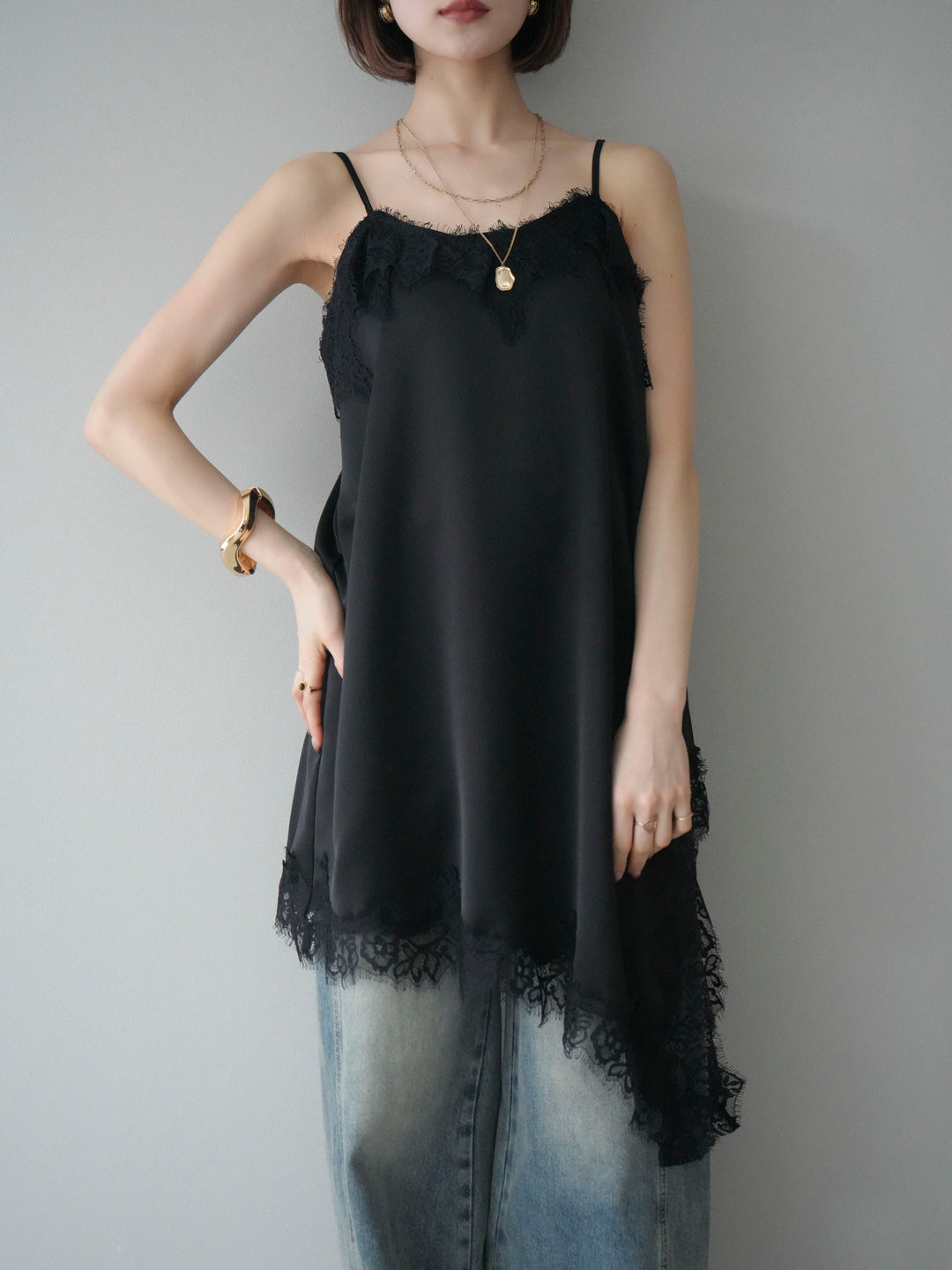 [SET]アシンメトリーサテンレースキャミソール+アシンメトリーサテンレースキャミソール(2set)