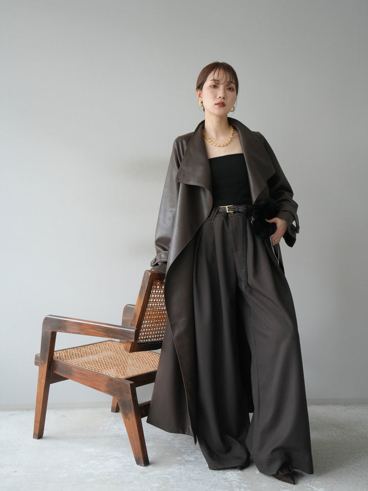 [予約]BIGカラーレザーロングコート/ブラウン