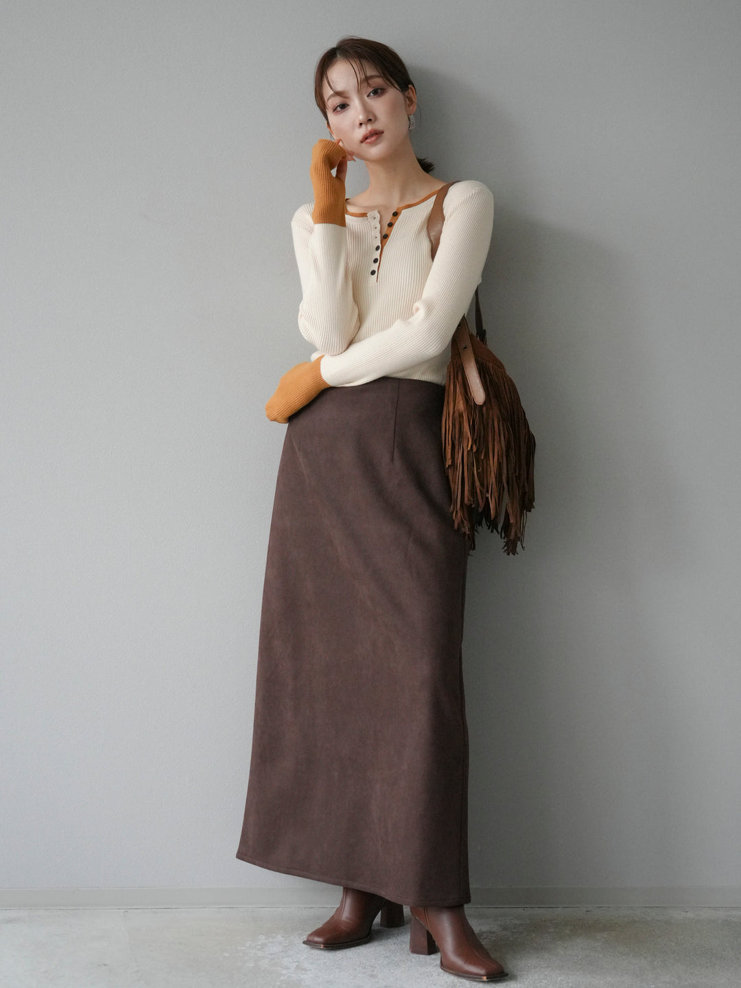 [3]ヘンリーネック配色リブニットトップス/アイボリー