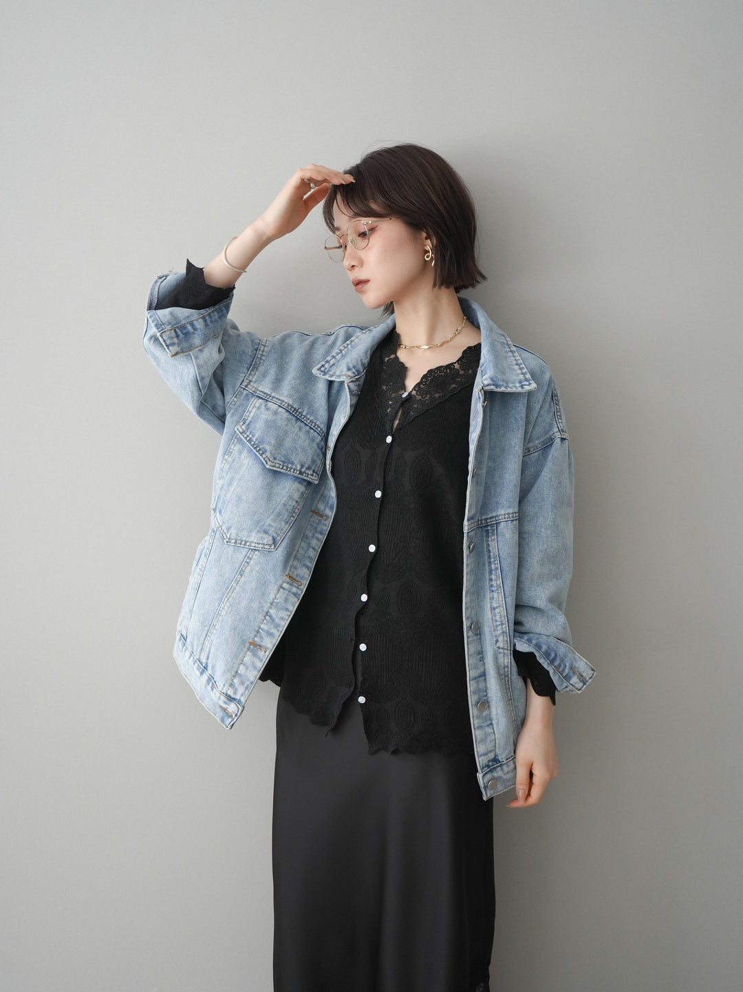 [SET]デザインBIGポケットオーバーデニムジャケット+選べるアクセセット(2set)