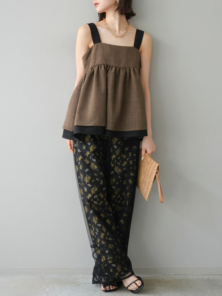 [SET]リネンライク配色フレアタンクトップ+コード刺繍チュールレイヤードパンツ+ブーケプリントタックパンツ(3set)