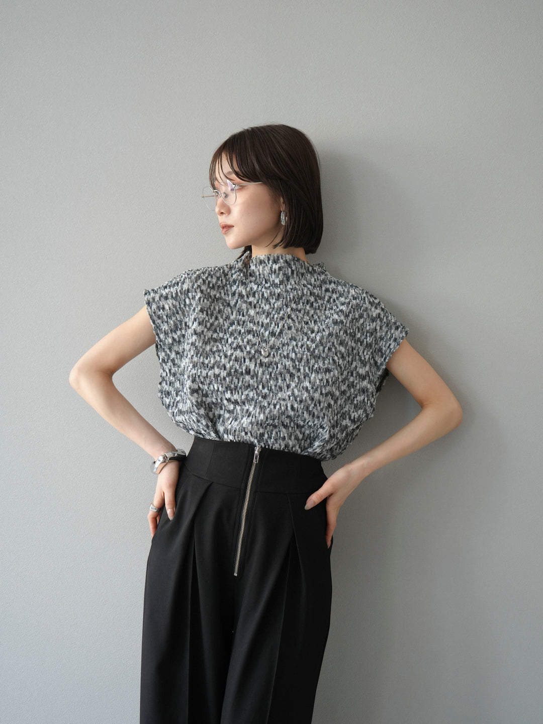 [SET] 多色隨機百褶法式上衣+拉鍊褶襉寬褲（2件套）