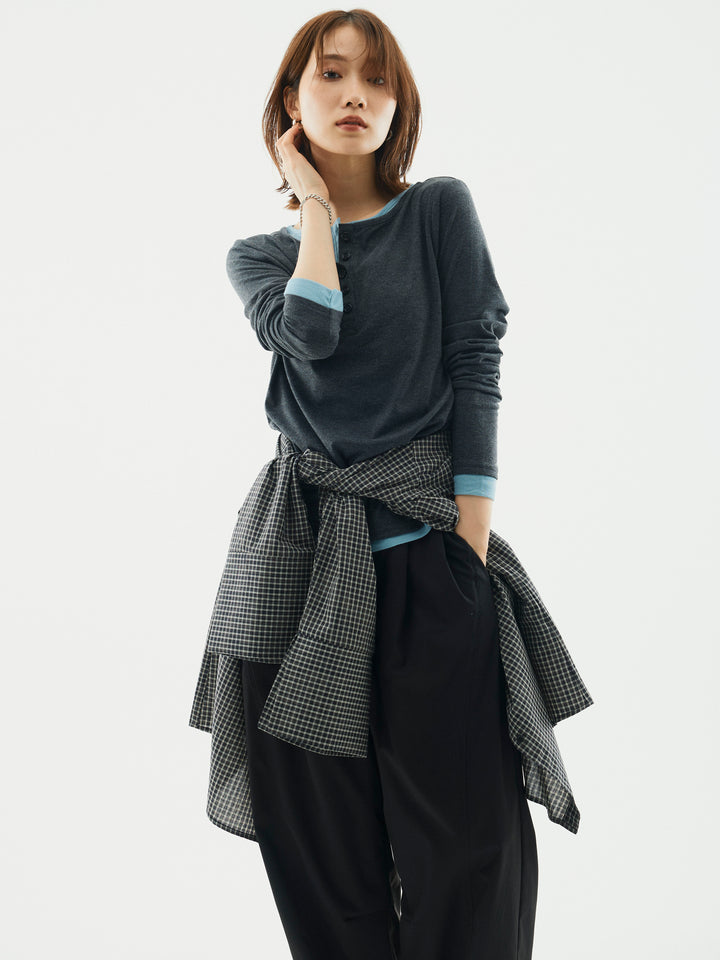 【Allure】[SET]配色レイヤードヘンリーネックトップス+タフタワイドカーブパンツ(2set)
