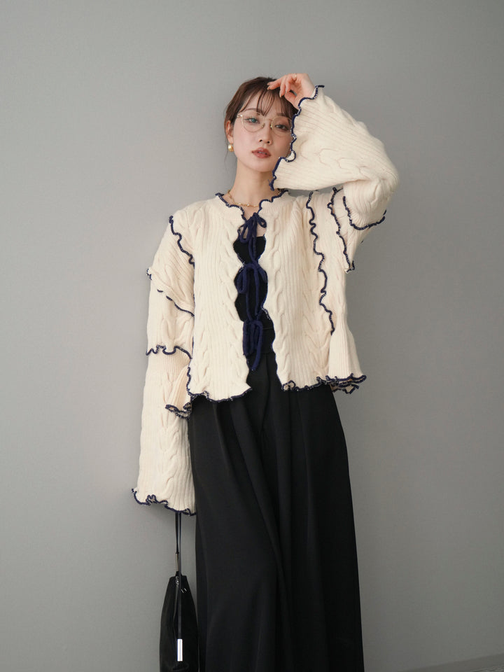 [予約]フロントリボン配色メローニットカーディガン/ivory