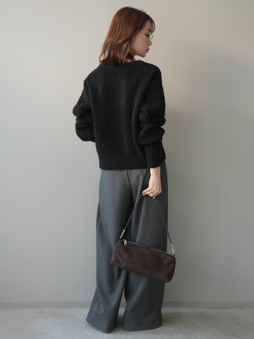 [SET]テープ刺繍ホック開きブークレニットカーディガン+ベルトループデザインワイドパンツ(2set)