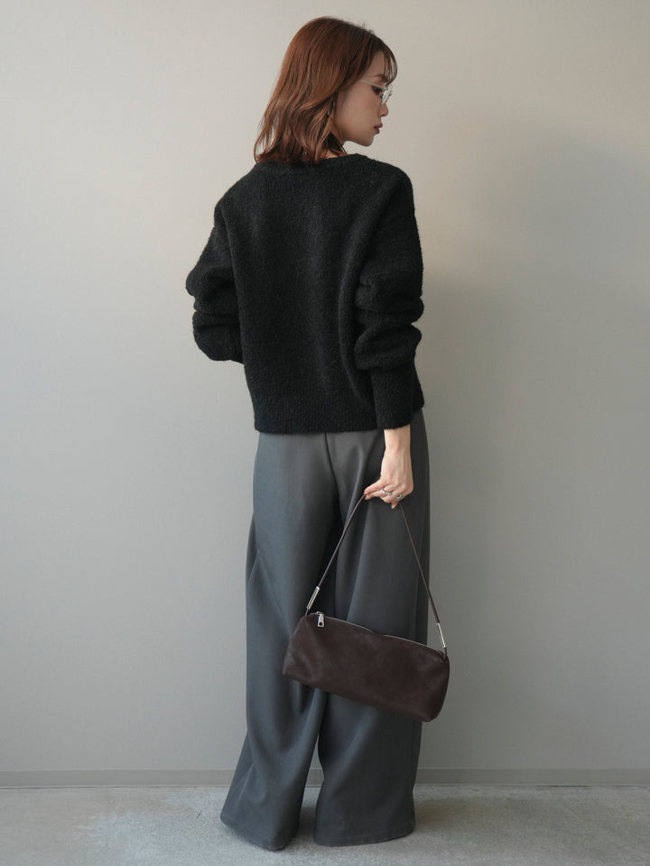 [SET]テープ刺繍ホック開きブークレニットカーディガン+ベルトループデザインワイドパンツ(2set)