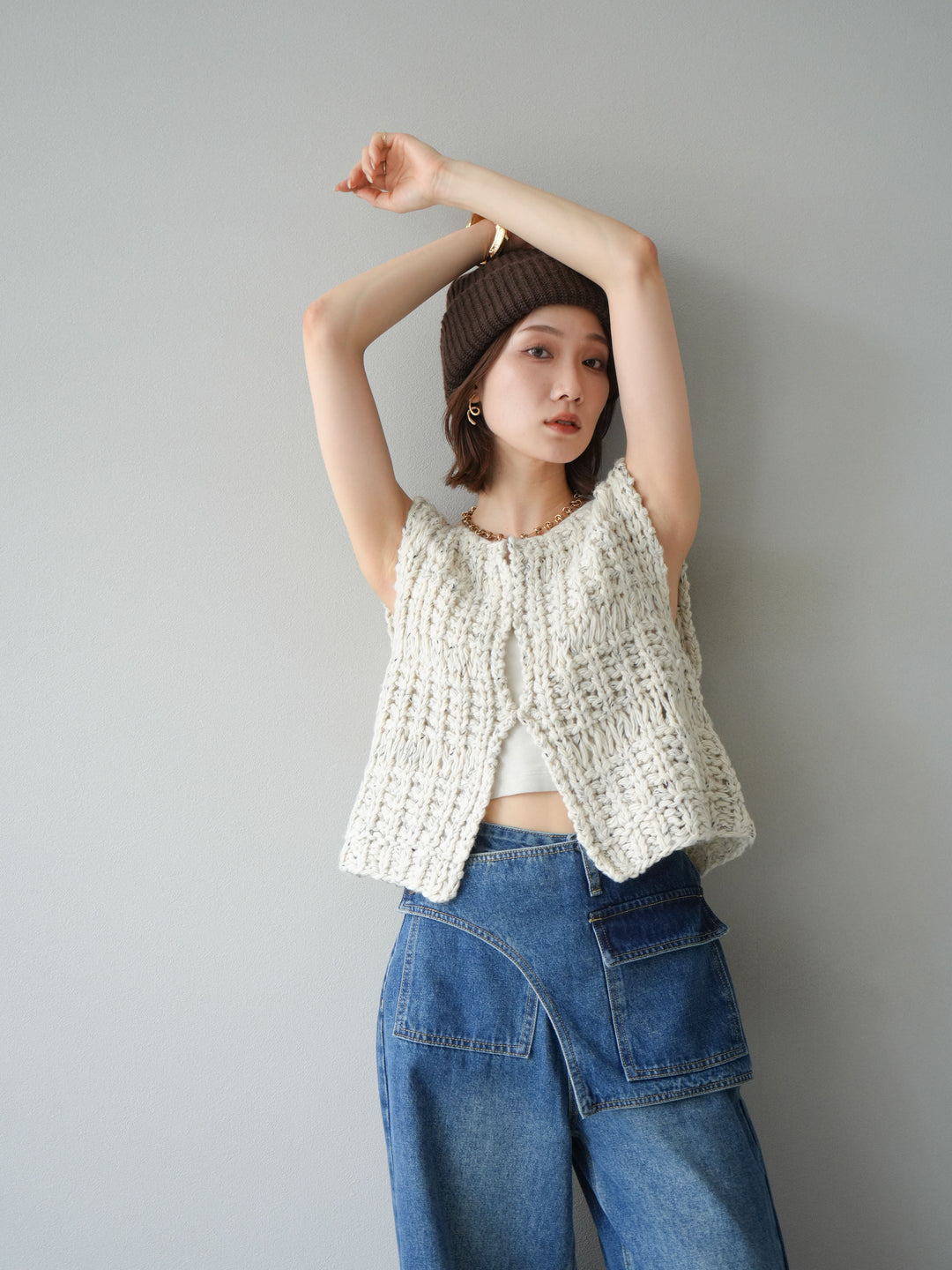 [予約]ミックスヤーンデザイン編みニットベスト/アイボリー