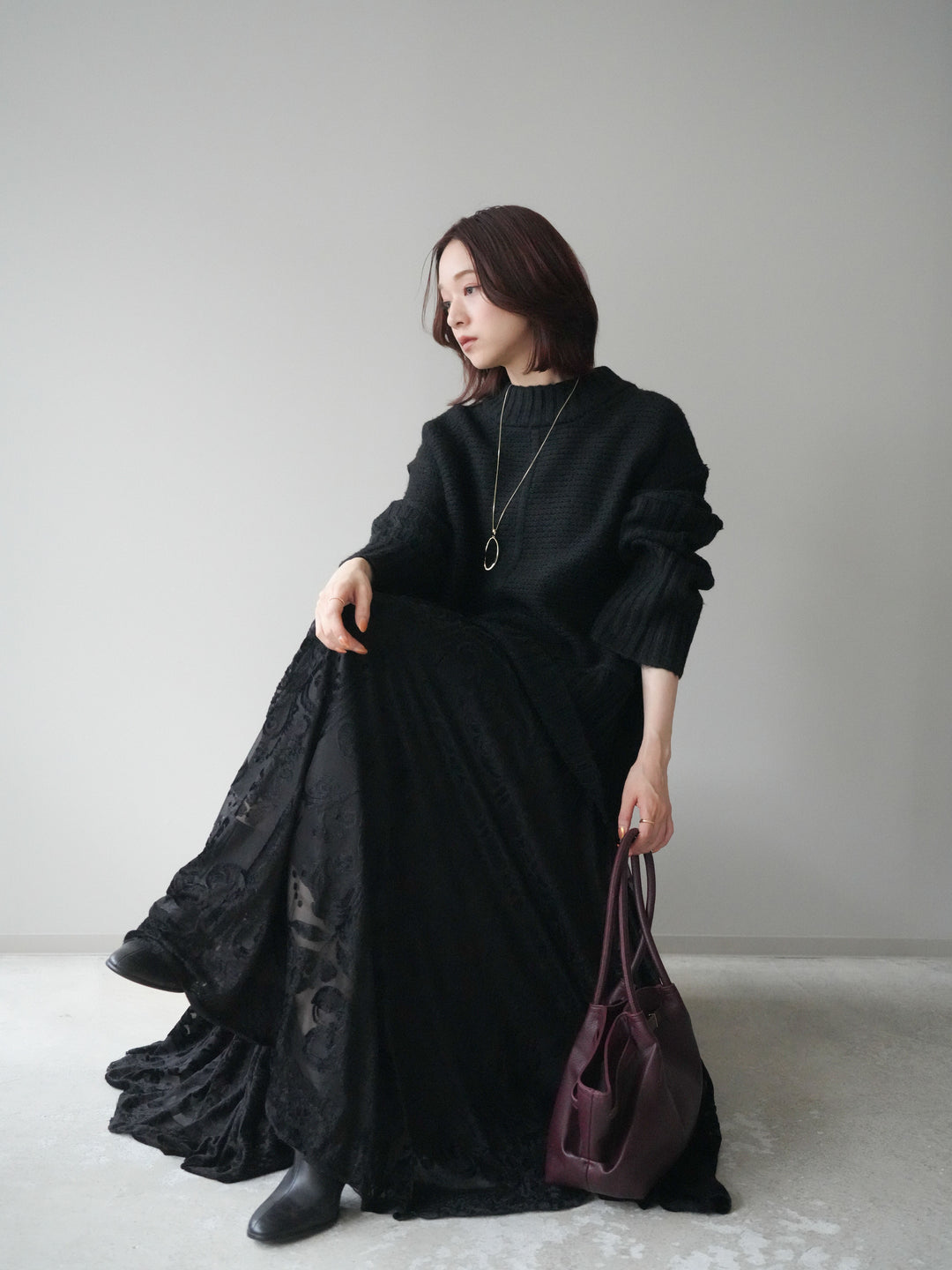 [SET]編み地切替ボトルネックニットプルオーバー+アンティーク柄フロッキーマキシスカート(2set)