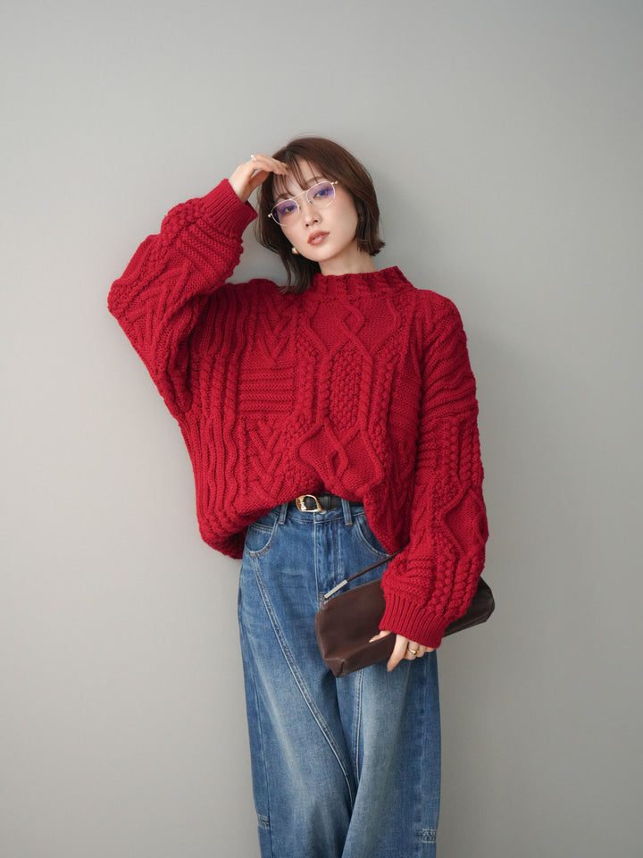 [予約]ケーブル編みモックネックニットプルオーバー/red