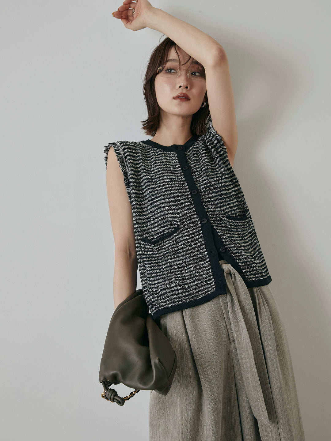 [予約]ボーダー袖フリンジニットベスト/ブラック