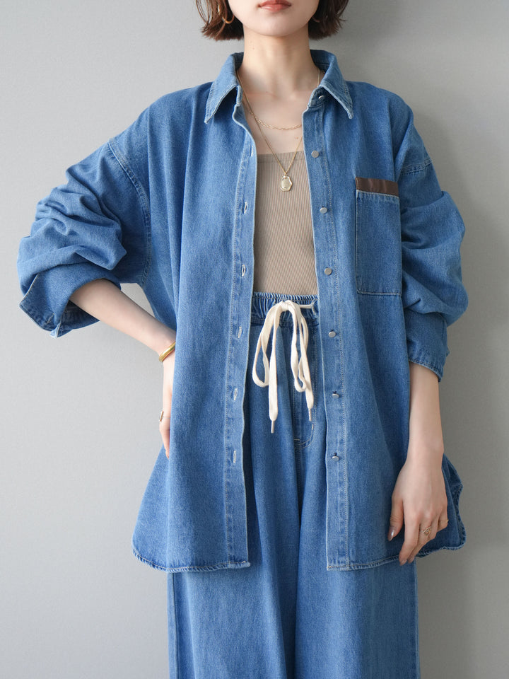 [SET]ポイントレザーオーバーデニムシャツ+ドロストワイドデニムパンツ(2set)