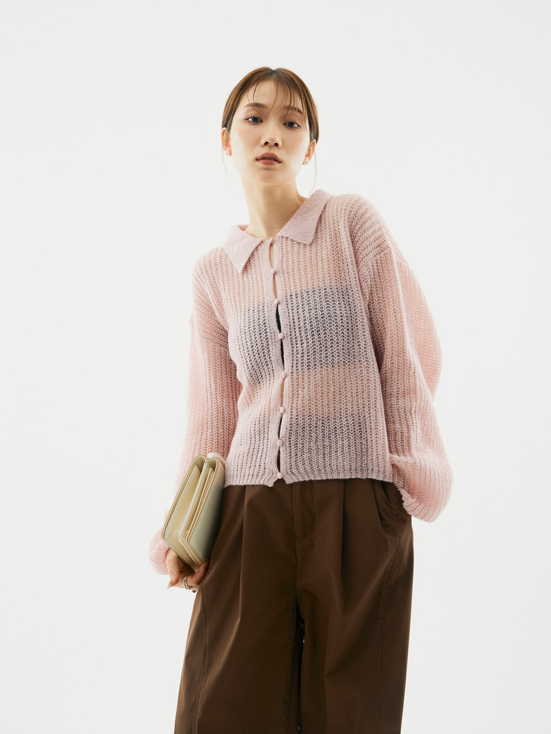 【Allure】[SET]起毛片畦編みシアーポロニット+タフタワイドカーブパンツ(2set)