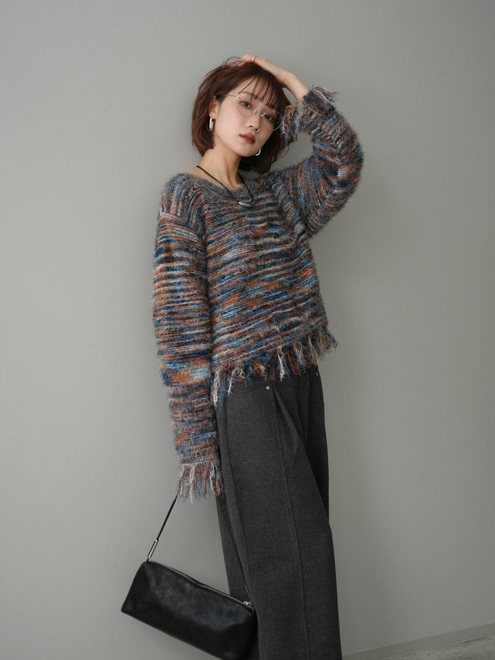 [予約]裾フリンジミックスヤーンシャギープルオーバー/blue