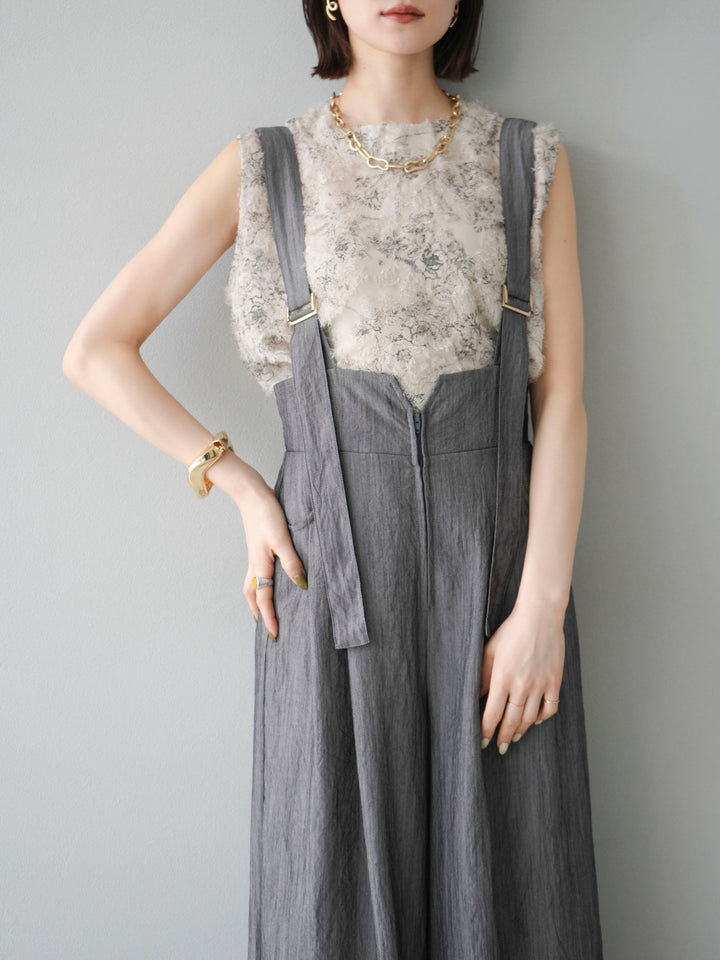 [SET]ストリングデザインハイウエストサロペット+ニュアンスフリンジジャガードノースリーブブラウス(2set)