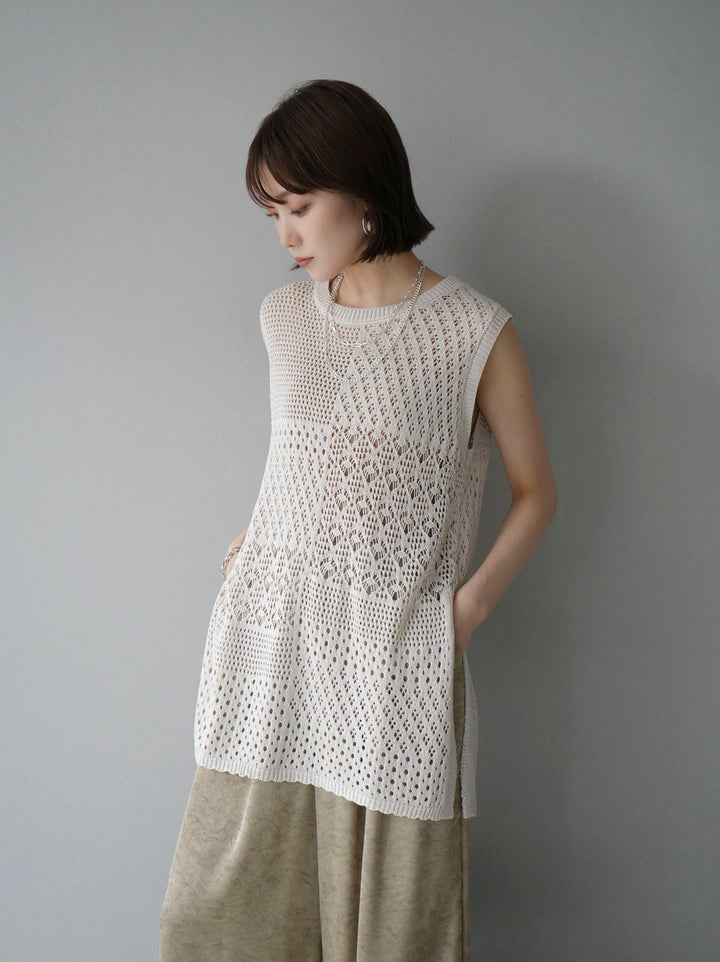 [Pre-order] Openwork side slit knit top/ivory