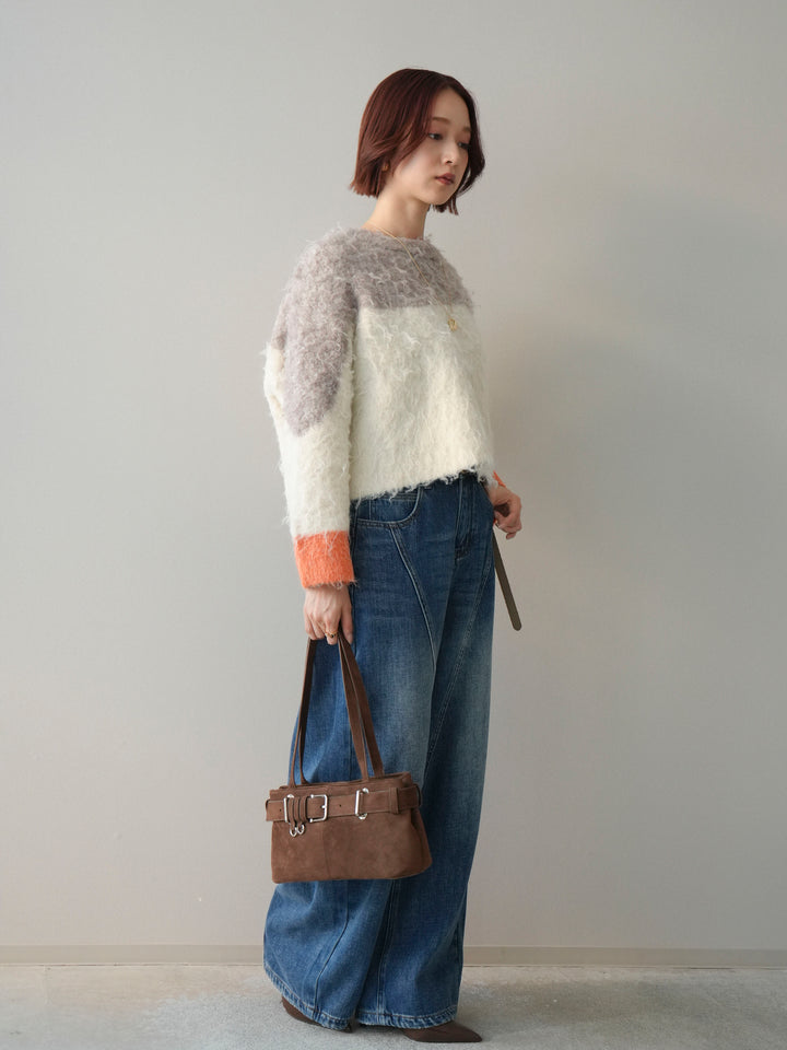 [SET]バイカラーモヘアタッチニットプルオーバー+裏起毛加工デニムカーブパンツ(2set)