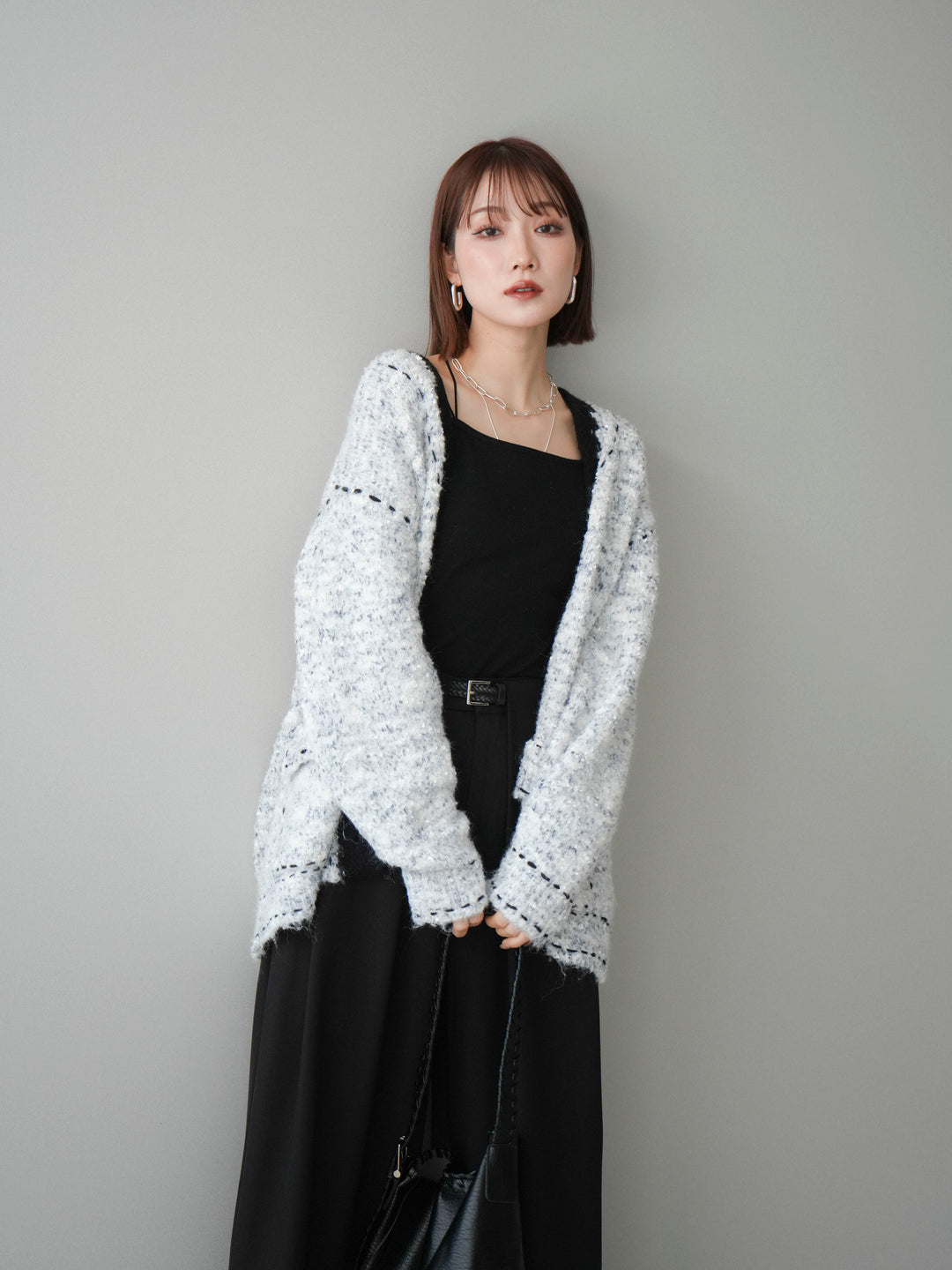 [SET]ブークレハンドステッチニットカーディガン+ベルトループデザインワイドパンツ(2set)