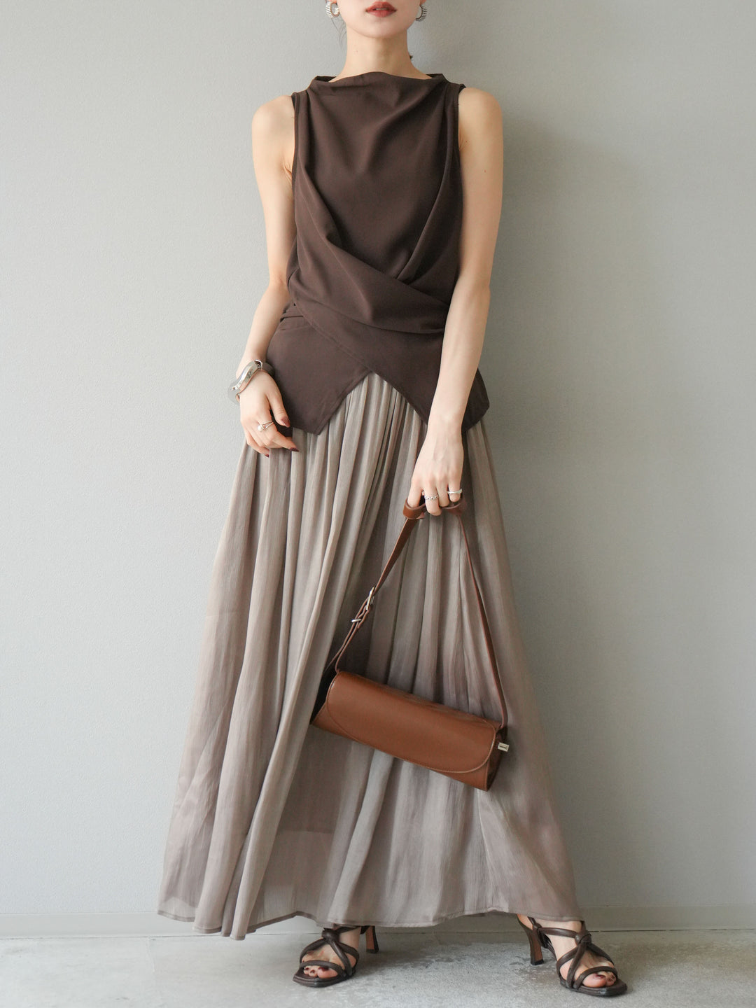 [SET]ノースリーブトップス＆シャイニーフレアスカートSET UP/(2set)