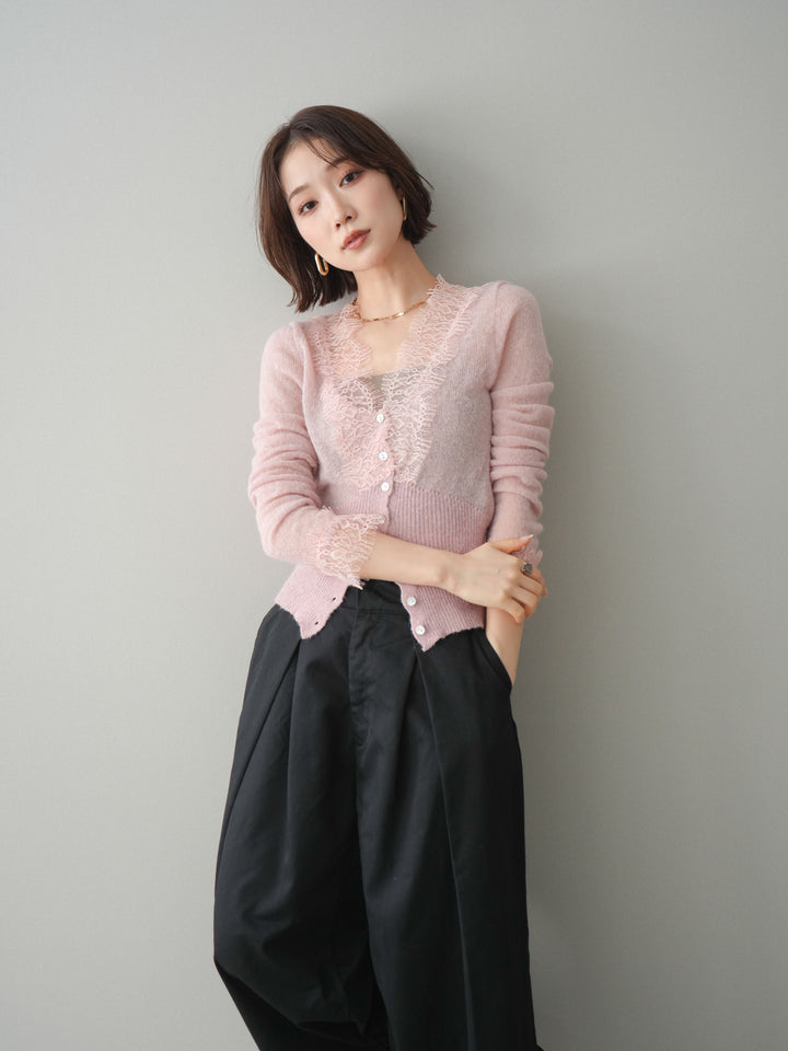 【預購】馬海毛觸感蕾絲針織開襟衫 / 粉紅色