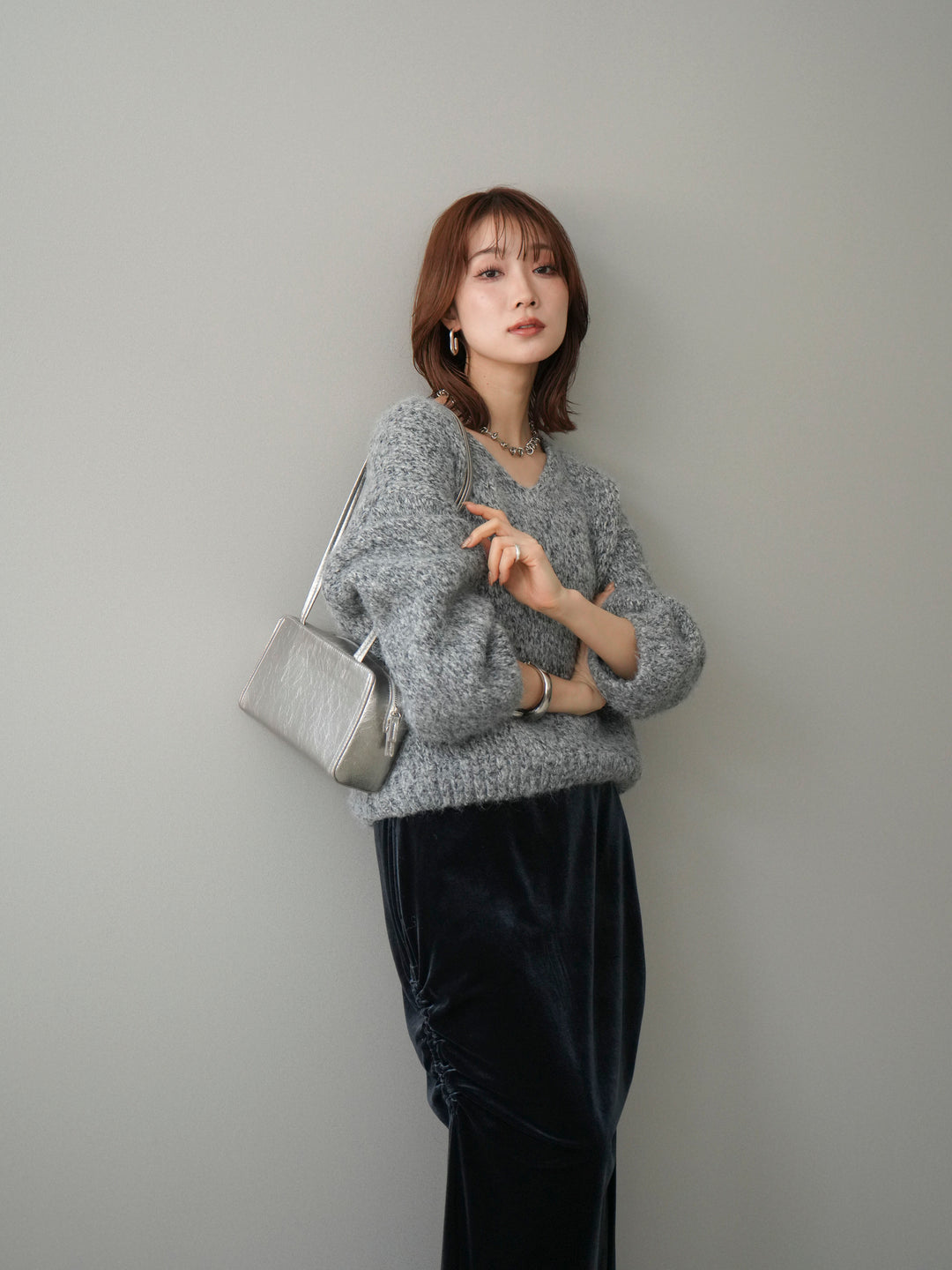 [予約]Vネックミックスヤーンニットプルオーバー/gray