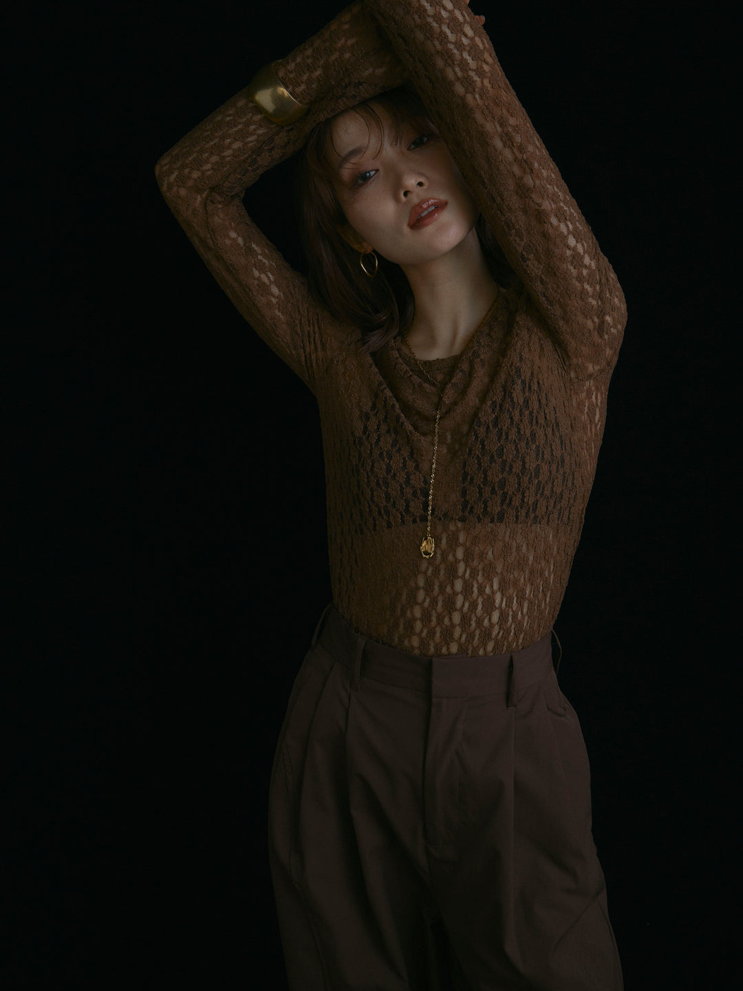 【Allure】[SET]バックラウンドレーストップス+タフタワイドカーブパンツ(2set)