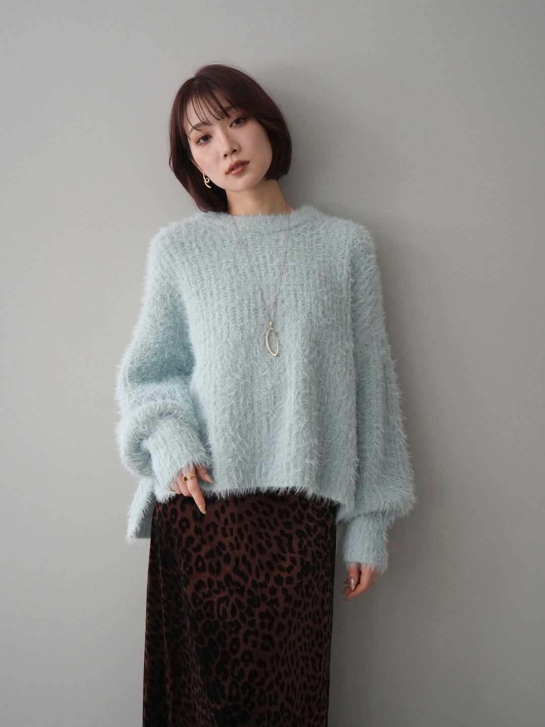 [予約]ボリュームスリーブシャギー MIXニットプルオーバー/mint