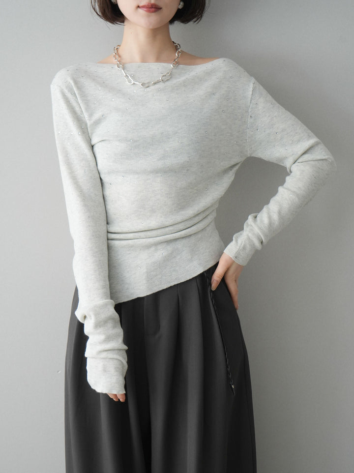 [予約]ラインストーンアシンメトリーニットトップス/gray