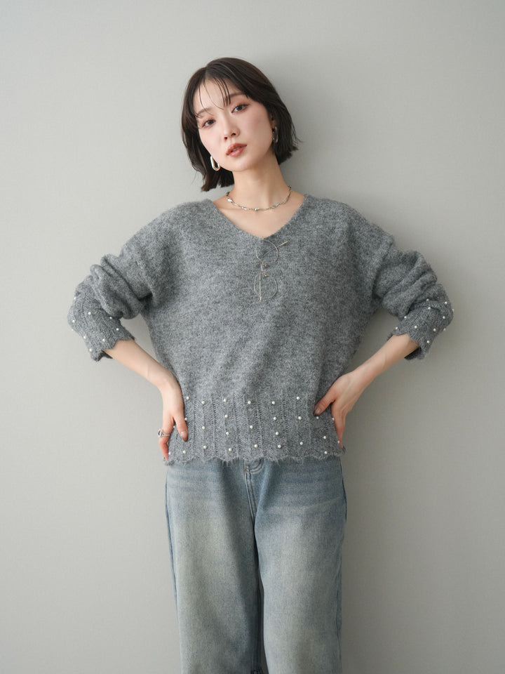 [SET]パールフリルリブヘムニットプルオーバー+選べるアクセセット(2set)