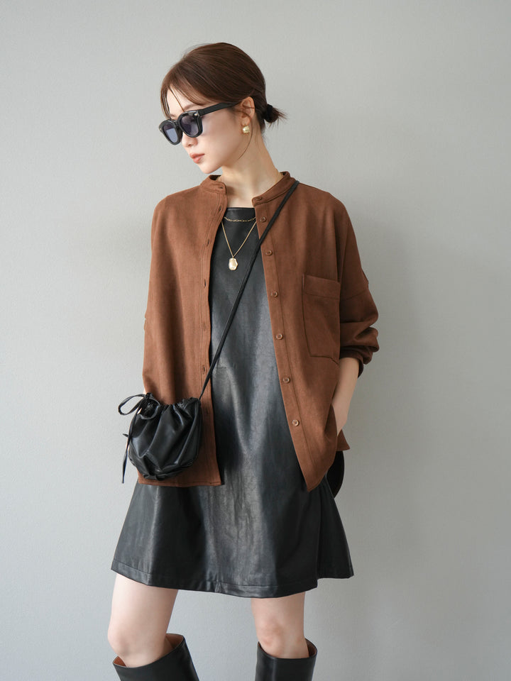 [SET] 麂皮立領外套襯衫 + 附單肩包皮革迷你連身裙（2 套）