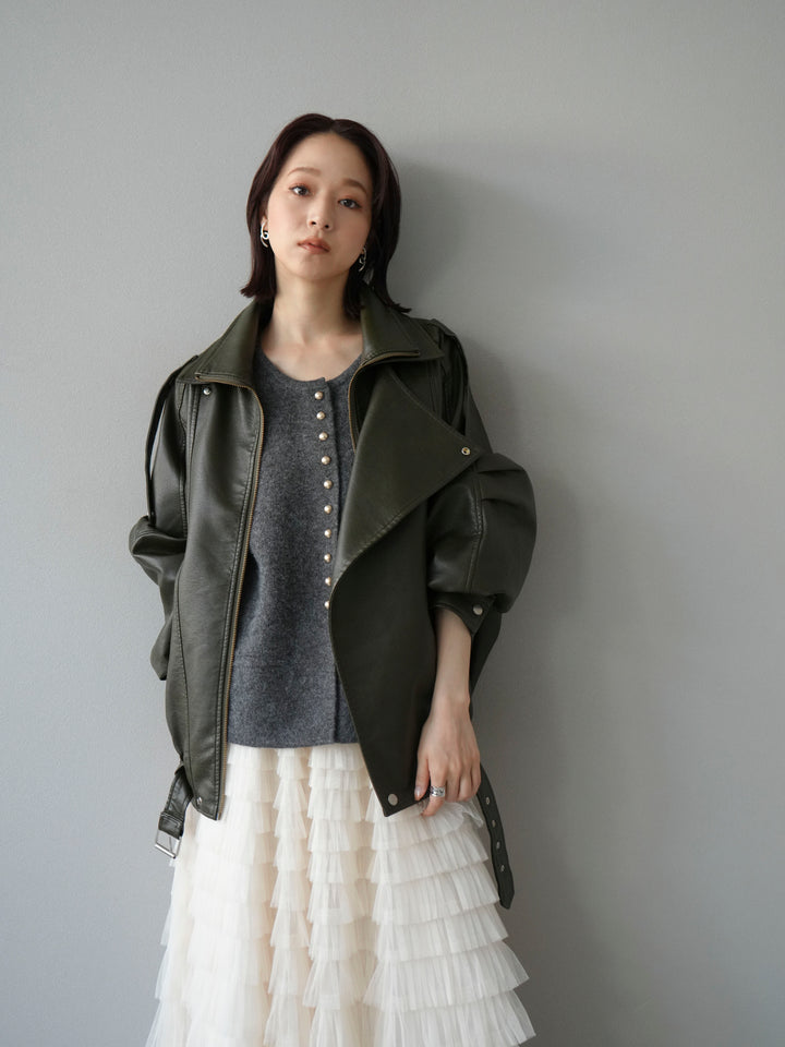 [予約]スタンドカラーフェイクレザーブルゾン/カーキ