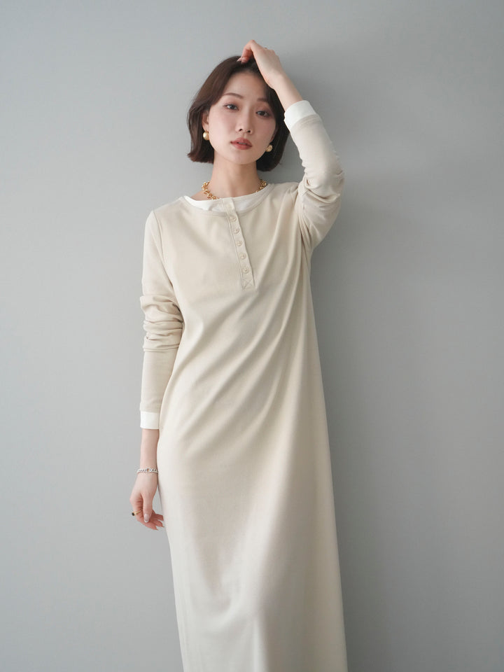 [予約]配色レイヤードヘンリーネックカットリブワンピース/ivory