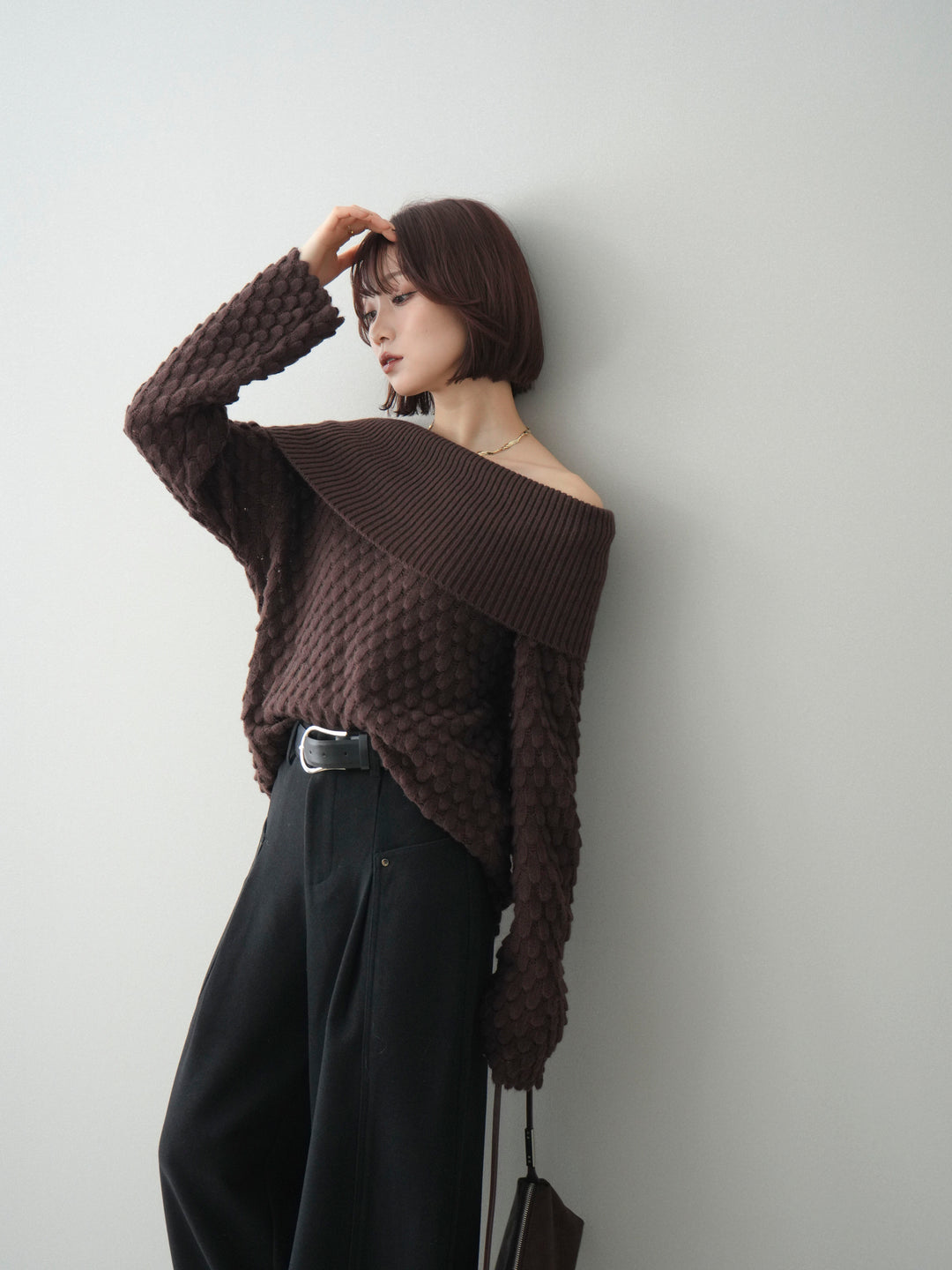 [予約]ポコポコ編みオフショルニットプルオーバー/brown